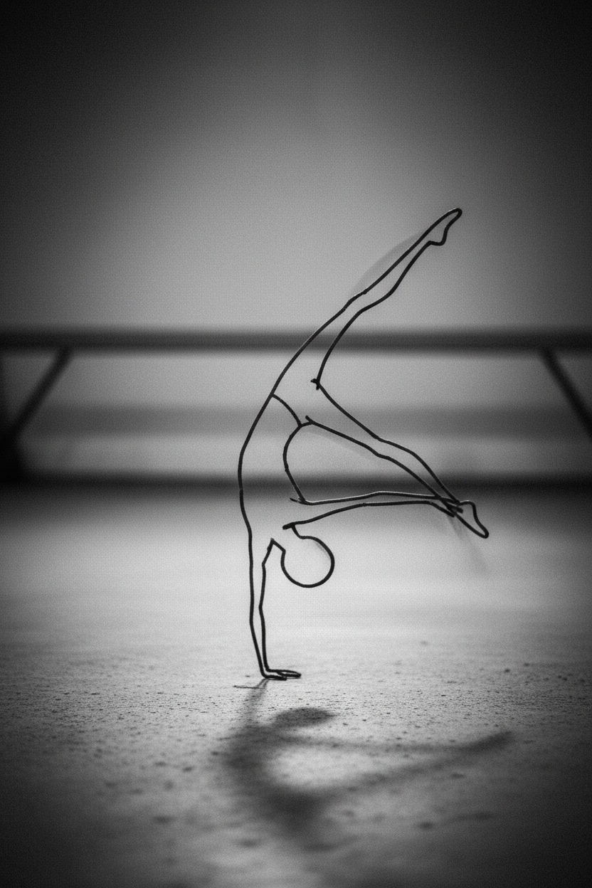 A wire sculpture of a gymnast performing a handstand sits on a studio floor against a blurred background.